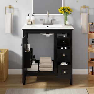 English Elm 30 Inch Bathroom Vanity with Ceramic Sink and 3 Smooth-Glide Drawers, Modern Moisture-Resistant Storage Black N710P252105B