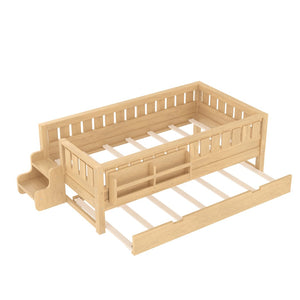 English Elm Twin Kids Platform Bed with Trundle Staircase Bookshelf and Rounded Safety Rails Light Natural W1580S00557