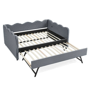 English Elm Full Size Gingham Linen Daybed with Wave Backrest Trundle and Usb Charging Port Navy W1413S00140