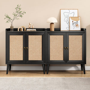 English Elm Sideboard Rattan Door Buffet Cabinet with Baffle Edge, Spacious Storage Credenza for Dining Hallway Black T3623P381057