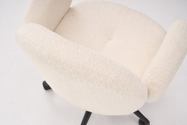 English Elm Boucle Bouclé Fabric Office Chair with Ergonomic Curved Back & Armrests, 360° Swivel, Stable Base Beige T3903P373042