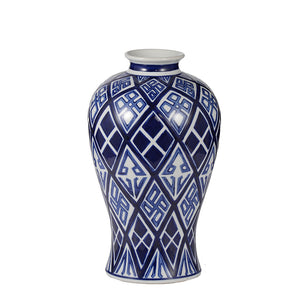 English Elm D7.8x12.8 Diamond-Pattern Valora Vase in Blue & White — Smooth Rounded Silhouette, Flared Rim Accent W2078P391074