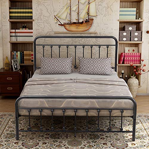 English Elm Metal Queen Bed Frame Victorian-Style Platform with Silent Steel Slats, No Box Spring Needed, 450lb Capacity W840P296696