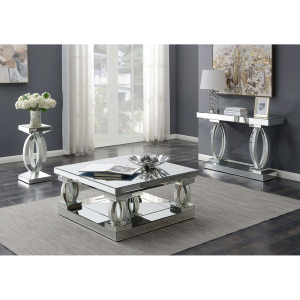 English Elm Shannon Mirrored Square Coffee Table with Rhinestone Bowed Legs, Silver Glass Finish & Lower Shelf (40.5") B062P337734
