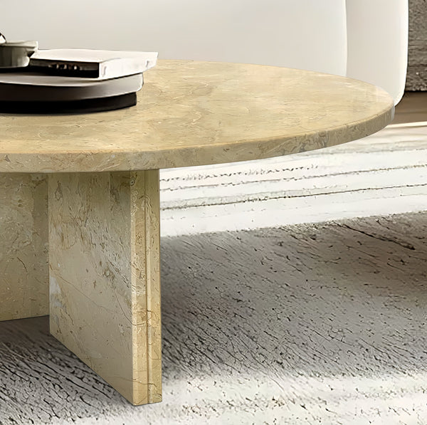 English Elm Glod Marble Coffee Table Set — Yellow Beige Natural Stone Nesting Tables 45cm & 70cm Stylish Pair W1696S00001