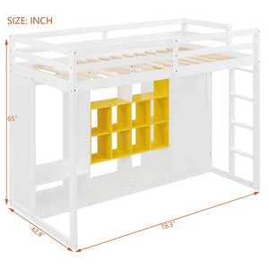 English Elm Twin Loft Bed with Wardrobe Shelves and Cabinet Kids Bedroom Wood Storage Frame Yellow+White N708S00023K