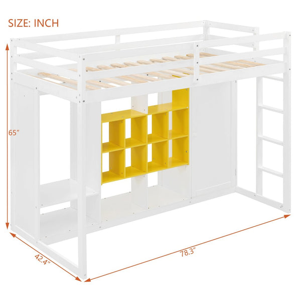 English Elm Twin Loft Bed with Wardrobe Shelves and Cabinet Kids Bedroom Wood Storage Frame Yellow+White N708S00023K