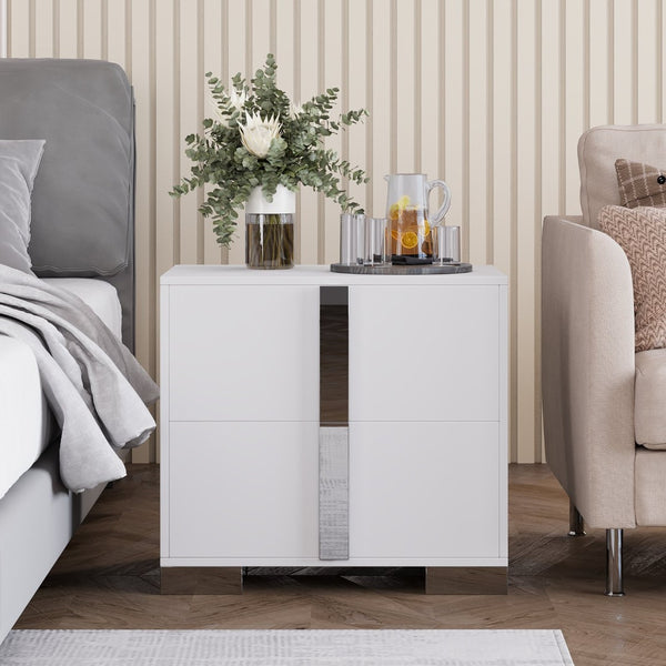 English Elm Modern Two Drawer Nightstand with Slim Metal Legs and Mirrored Bar Handles for Bedroom White W5271P416538