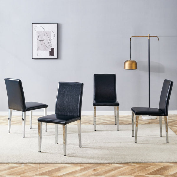 English Elm Four PU dining chairs with sleek silver metal legs, ergonomic PU seats, anti-slip feet, easy assembly, modern minimalist style Black+Silver W1151P269018