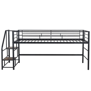 English Elm Mid Mid Loft Bed with Storage Stairs Twin Safety Ladder Low 26.6" Slats Sturdy Metal Frame Black MF323325AAB