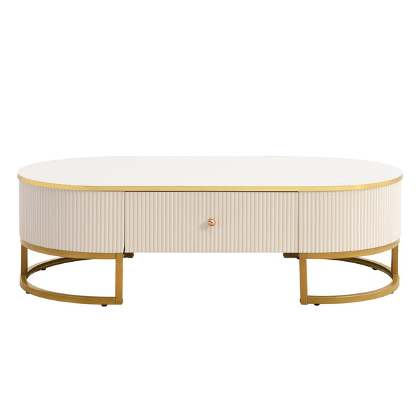 English Elm Modern Oval Coffee Table with Drawers and Gold Base, High-Gloss White Finish, Durable 47.2" Centerpiece N735P192897K