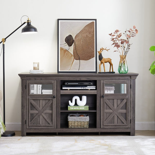 English Elm 2 Door Farmhouse Tv Stand with Barn Style Panels and Open Shelving for Living Room W1758P199935