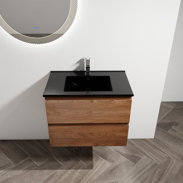 English Elm 30" Wall-Mounted Bathroom Vanity With Black Ceramic Sink & Soft-Close Drawers For Modern Spaces W999S00195