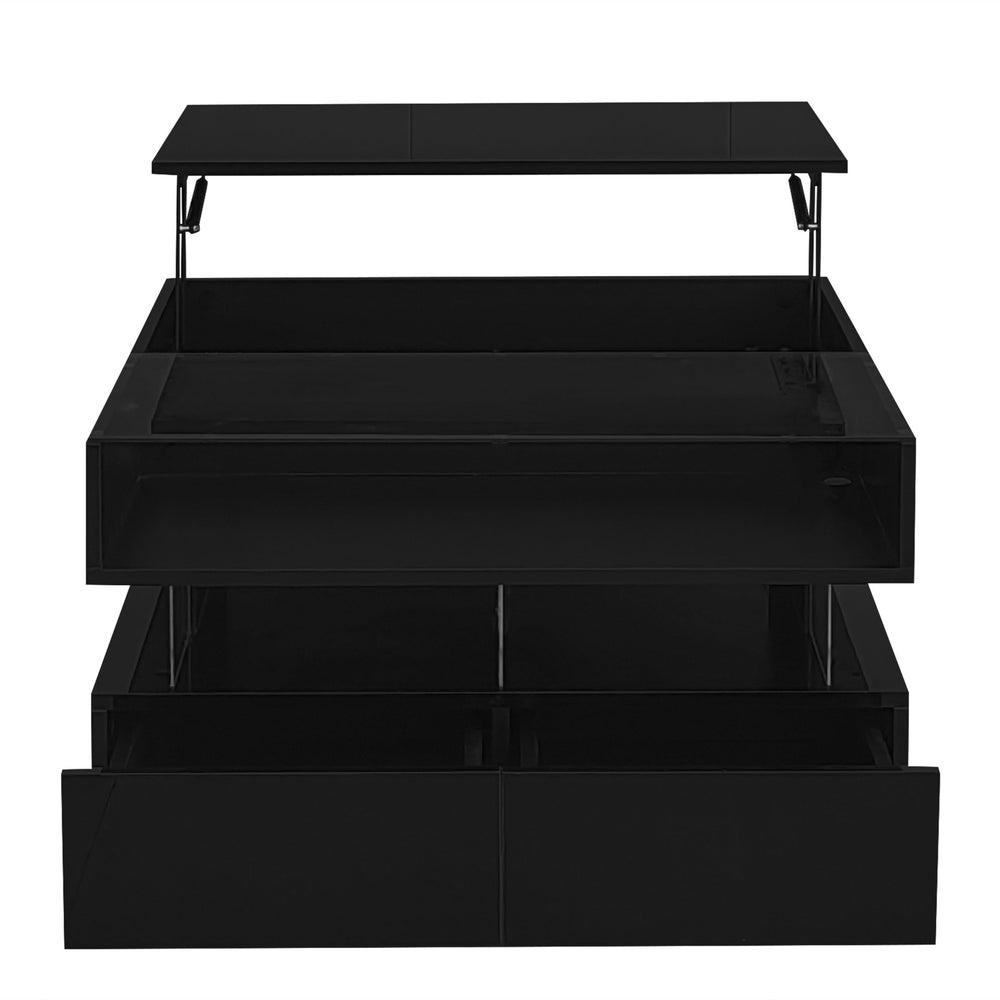 English Elm VIBE Lift-Top Coffee Table with Glass Top, Hidden Storage & LED Ambience, Modern High-Gloss Centerpiece Black N724P290043B