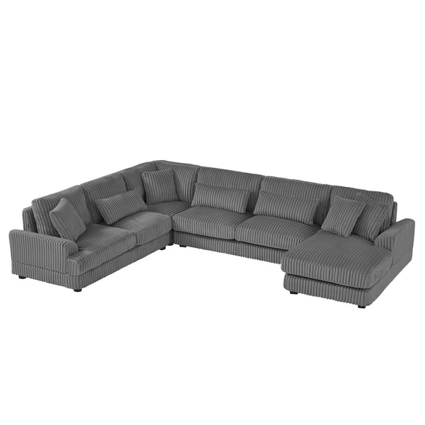 English Elm 129" Oversized Sectional Sofa U-Shaped Corduroy Chaise Lounge with Curved Armrests Plush Foam Comfort Dark Gray N719S001690R