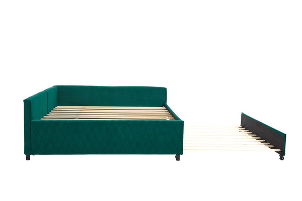 English Elm Upholstered Velvet Daybed with Pull Out Trundle Diamond Tufted Guest Bedroom Sofa Emerald W1361S00065