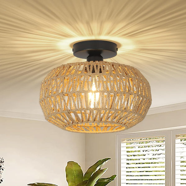 English Elm Rattan Boho Ceiling Light Fixture with Dimmable LED Bulb, Hand-Woven Mini Chandelier for Home W2738P185424