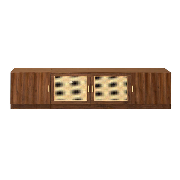 English Elm 78" TV Stand for TVs up to 85" — Walnut Media Console with Rattan Doors, Fluted Fronts & Adjustable Shelves N710P362196P