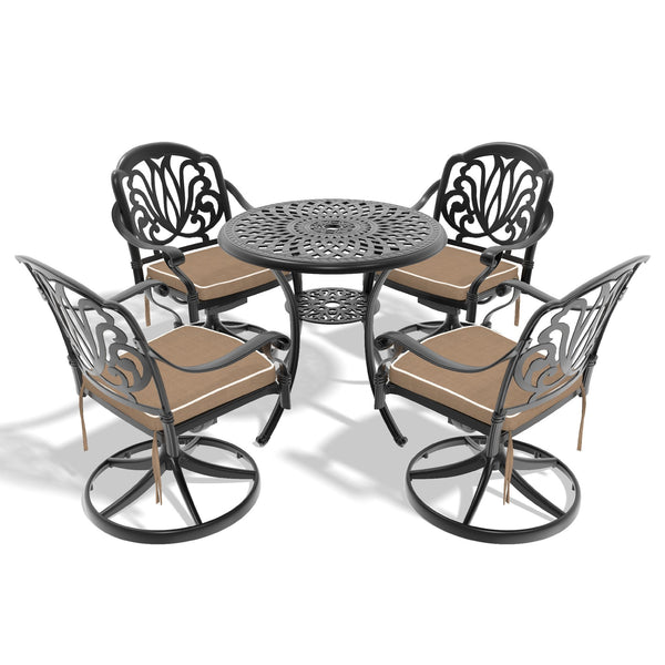 English Elm 5-Piece All-Weather Cast Aluminum Dining Set With Cushioned Swivel Chairs & Umbrella Hole Table W1710S00259