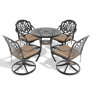 English Elm 5-Piece All-Weather Cast Aluminum Dining Set With Swivel Chairs & Round Table For Small Spaces W1710S00431