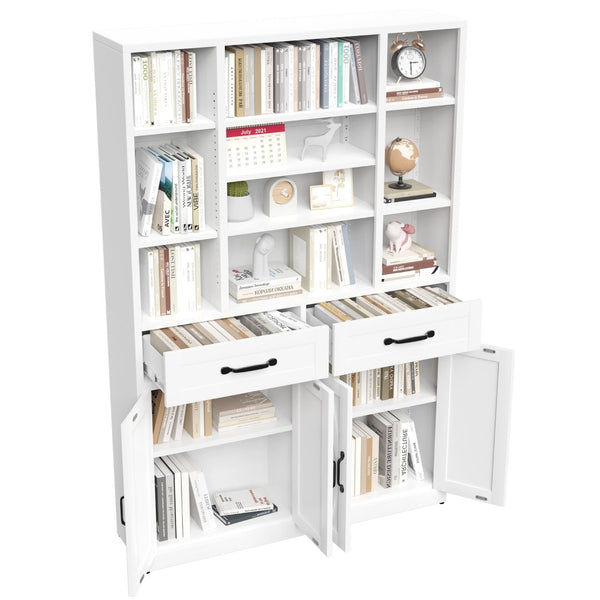 English Elm 71" Tall Metal Bookcase with Open Shelves Drawers and Cabinet Doors for Modern Office T2398S00001