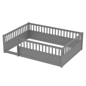 English Elm Full Montessori Floor Bed Frame with Fence for Kids — Pine Play & Reading Space, Sturdy Low Profile Gray W1580P307886