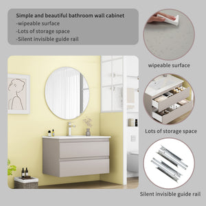 English Elm 32-Inch Wall-Mounted Bathroom Vanity With Soft-Close Drawers, Ceramic Sink & Modern Mocha Gray Finish W3151S00048