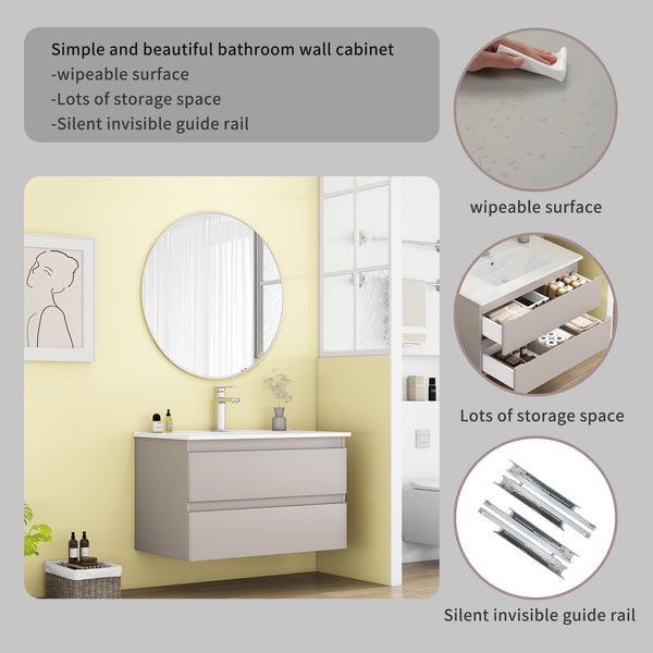 English Elm 32-Inch Wall-Mounted Bathroom Vanity With Soft-Close Drawers, Ceramic Sink & Modern Mocha Gray Finish W3151S00048