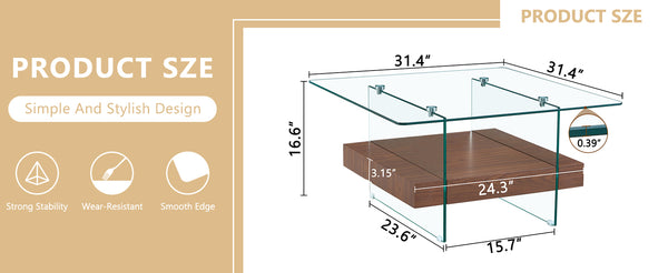 English Elm 31.4 Modern Two-Tier Square Coffee Table with Tempered Glass Top & Walnut Shelf — Stylish Storage W1512P407505