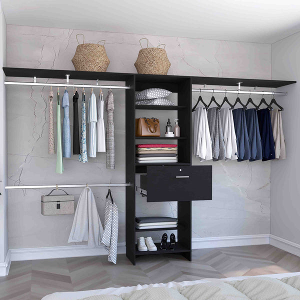 English Elm Closet Adjustable Storage System 70–118" W with Three Hanging Rods, Five Shelves & One Drawer, Engineered Wood Black 51 L x 19 W x 5 H B097S00118