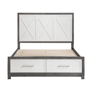 English Elm Queen Platform Bed with Footboard Storage, Ivory & Gray Finish, 2 Drawers, Modern Sturdy Frame B011S01673