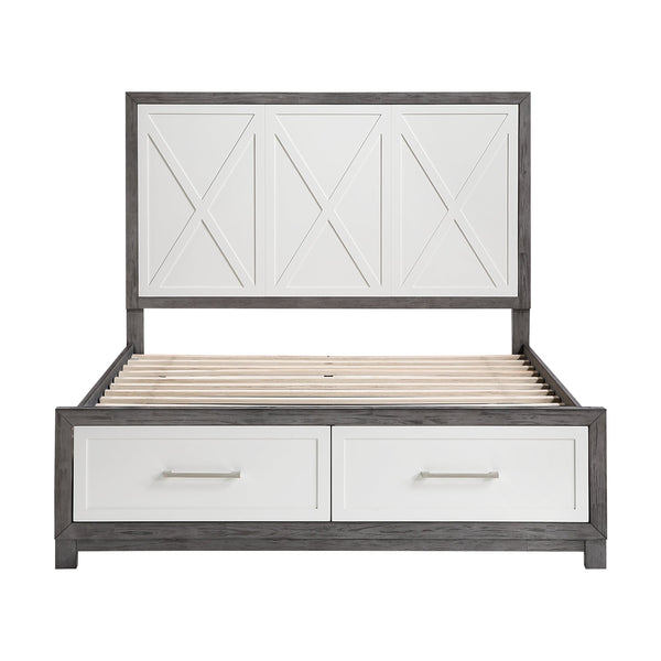 English Elm Queen Platform Bed with Footboard Storage, Ivory & Gray Finish, 2 Drawers, Modern Sturdy Frame B011S01673