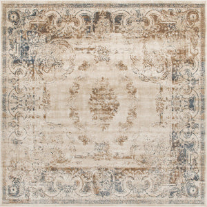 Unique Loom Chateau Lincoln Machine Made Border Rug Blue Cream, Brown/Gray/Beige 7' 1" x 7' 1"