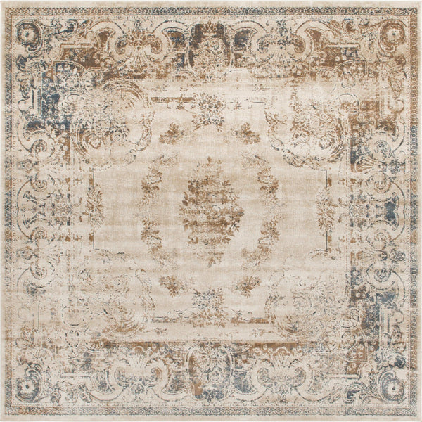 Unique Loom Chateau Lincoln Machine Made Border Rug Blue Cream, Brown/Gray/Beige 7' 1" x 7' 1"