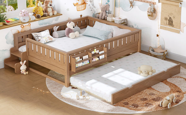 English Elm Queen Bunk Bed with Trundle Solid Pine Kids Car Themed Frame Built-in Bookshelf Natural W1580S00564