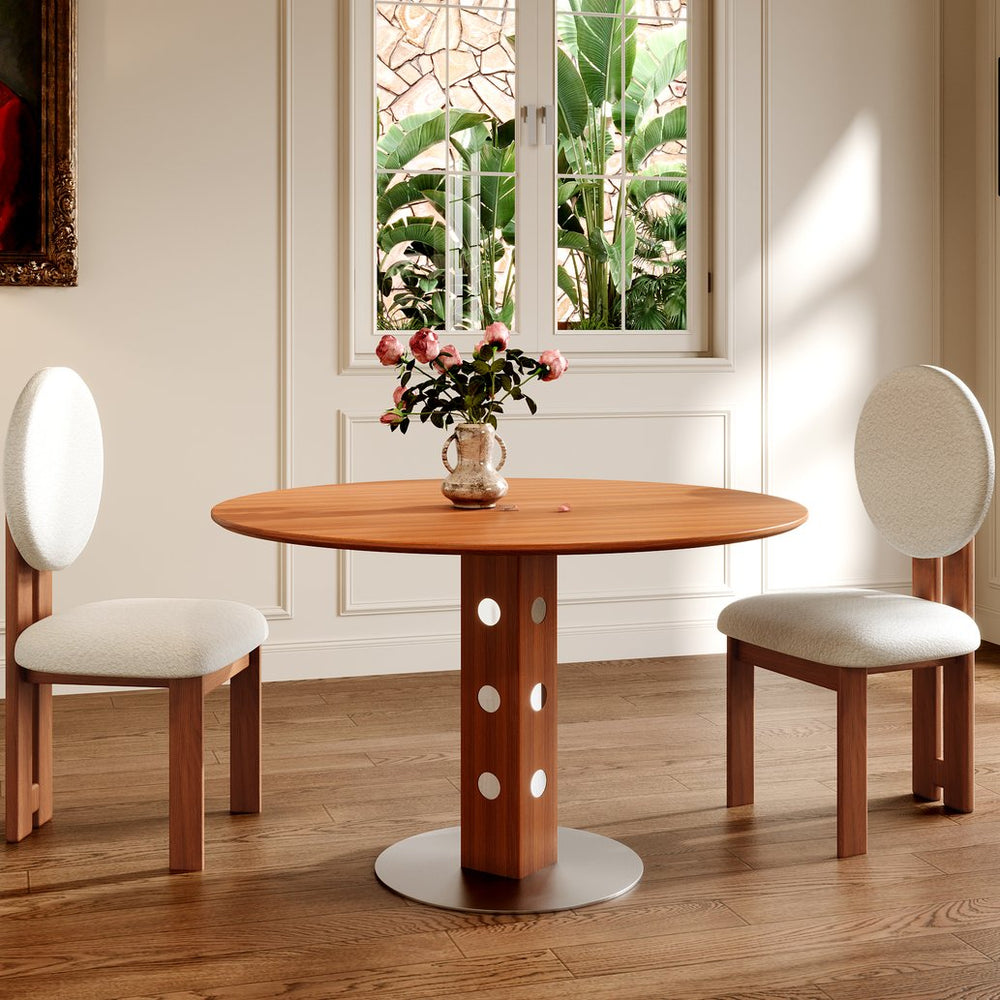 English Elm Farmhouse Round Dining Table For 2-4, Walnut Solid Wood Top & Durable Iron Base, Rustic Charm T3833S00060