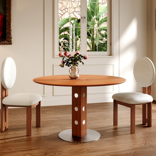English Elm Farmhouse Round Dining Table For 2-4, Walnut Solid Wood Top & Durable Iron Base, Rustic Charm T3833S00060