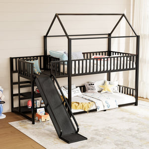 English Elm Full Metal House Bunk Bed with Slide Storage Stairs and Safety Rails for Kids W1580S00344