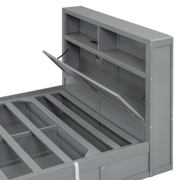 English Elm Wood Queen Size Hydraulic Platform Bed with LED Headboard, Charging Station, Hidden Storage Drawers and Shelves Gray GX000372AAE