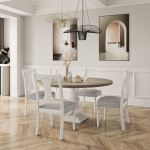 English Elm Taranto Round Pedestal Dining Set Seats Four with Distressed Wood and Linen Chairs B2749S00307