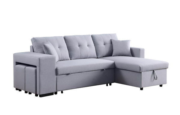 English Elm Dino Linen Tufted Sleeper Sectional with Reversible Chaise Storage and Two Ottomans Light Gray B2749S00202