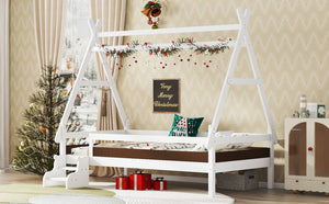 English Elm Twin House Shaped Platform Bed Solid Pine Frame with Built in Stairs for Kids W1580P354718