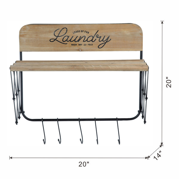 English Elm 20x14x20" Wooden Accordion Laundry Rack with 3 Bars & 5 Hooks for Towels Robes Compact Organizer W2078P223127