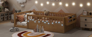 English Elm Twin Montessori Floor Bed Frame with High Rails and Built-In Light Shelf for Safe Independent Sleep Natural 79.13 L x 13 W x 6.3 H W2593P333571