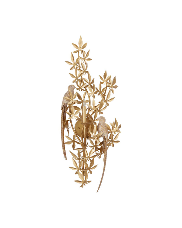 Currey & Company Aviary Gold Wall Sconce: Elegant Biophilic Design With Floral Motifs & Dimmable Single Bulb Ambiance Gold Wrought Iron ,Composite 5000-0281-currey-company