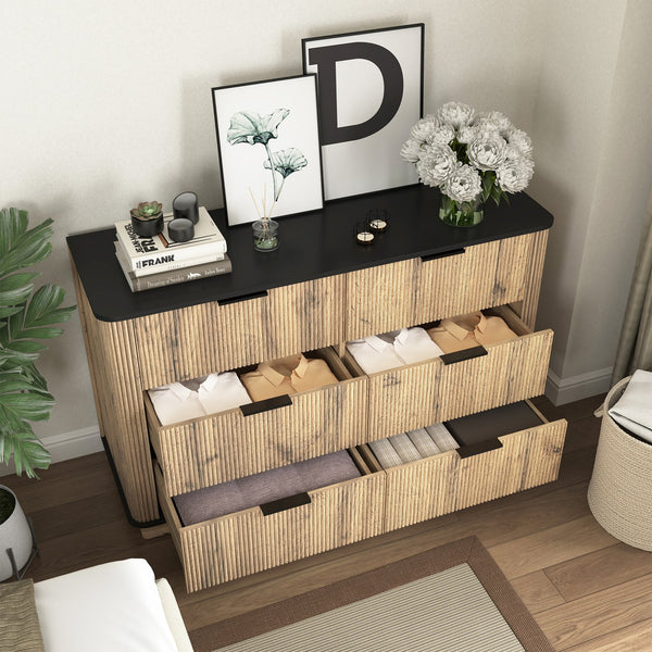 English Elm Modern Six-Drawer MDF Cabinet with Rounded Metal Corners, Smooth Glides & Sleek Minimalist Style Natural Wood W3226P279086