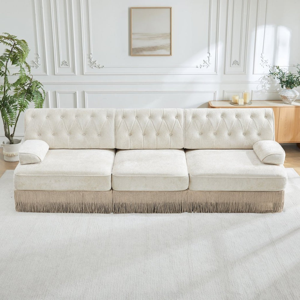 English Elm 3-seater Velvet Sofa with Button Tufting Tassel Fringe Skirt Modular Living Room Design Beige W714S01684