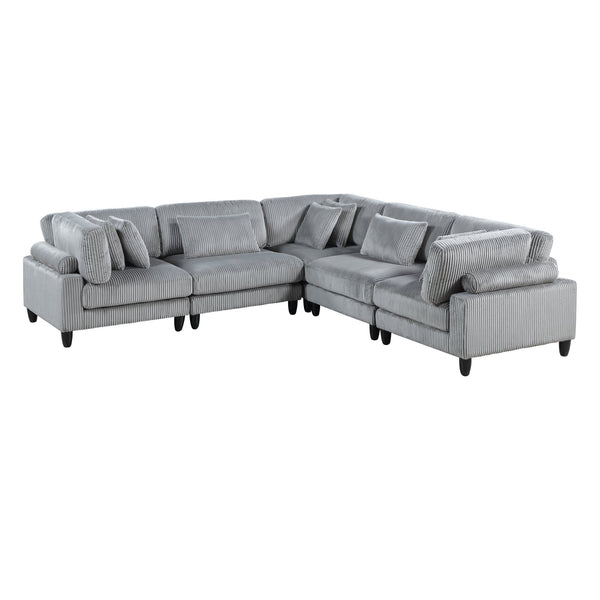 English Elm 5pc Modular Sectional Sofa Set in Corduroy Upholstery with Ottoman & Accent Pillows, Modern Luxe Gray 40 L x 40 W x 17 H B011S01561