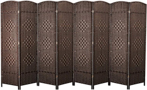 English Elm 8 Panel Room Divider with Hand-Woven Fiber Straps, Solid Wood Folding Screen for Privacy & Style Walnut Brown W3198P299186
