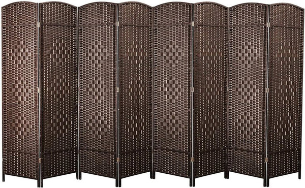 English Elm 8 Panel Room Divider with Hand-Woven Fiber Straps, Solid Wood Folding Screen for Privacy & Style Walnut Brown W3198P299186